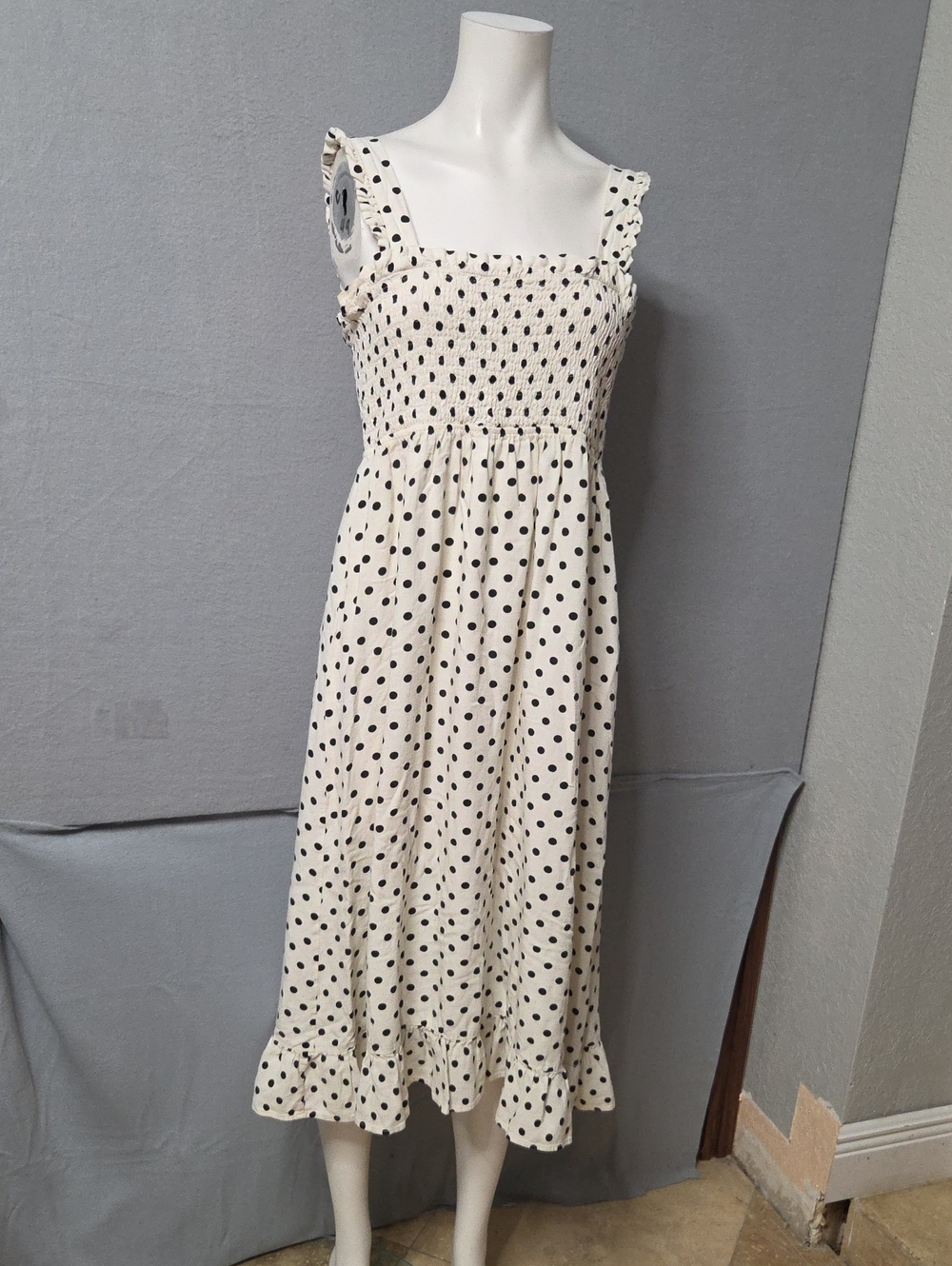 Zara Cream Polka Dot Smocked Midi Dress Ruffle Straps.